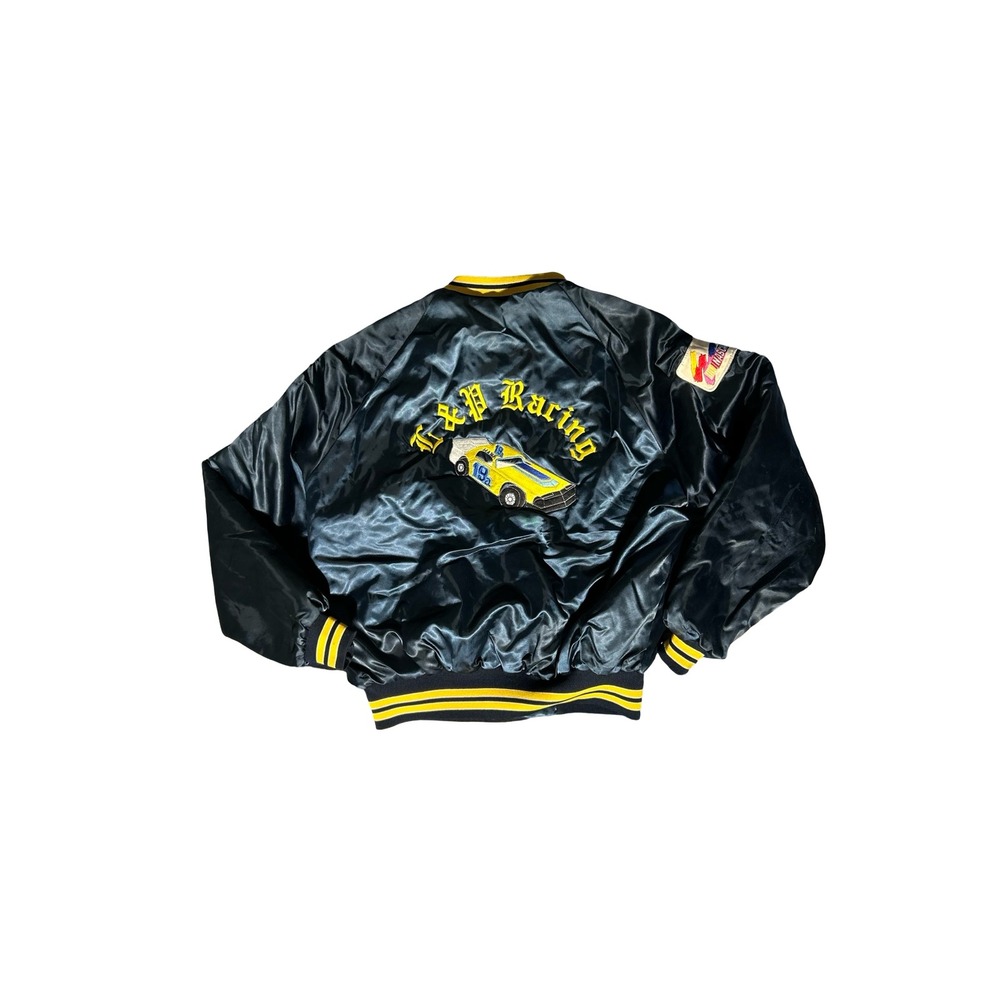 Vintage Dunbrooke Pla-Jac Racing Satin Bomber Jacket Black Yellow T&P Racing L